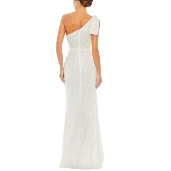 Mac Duggal Ivory One-Shoulder Beaded Evening Gown Thigh Slit Modern Glam 8 NWT - Picture 5 of 8